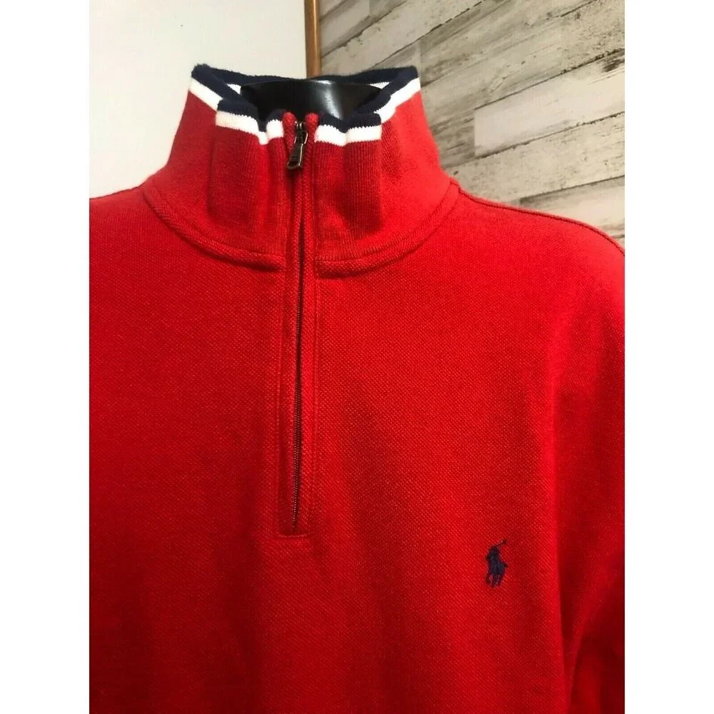 Polo Ralph Lauren Red 1/4 Zip Pullover Sweater XL Cotton Mens Casual Wear - Picture 2 of 6